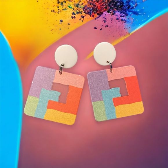 Funky Colorblock Square Drop Earrings - Picture 1 of 1